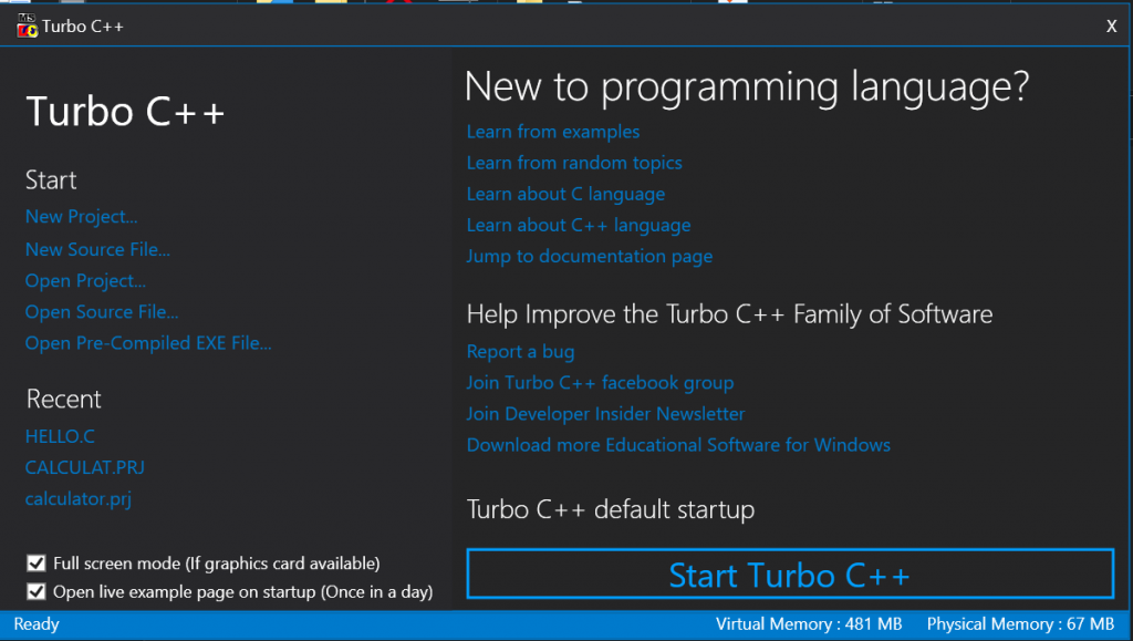 welcome screen of turbo c++